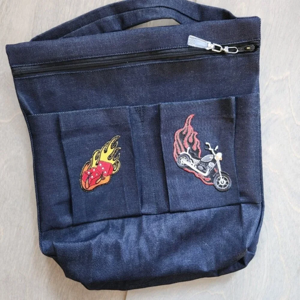 Men's popart Black Denim walker bag with Flame and Motorcycle Patches